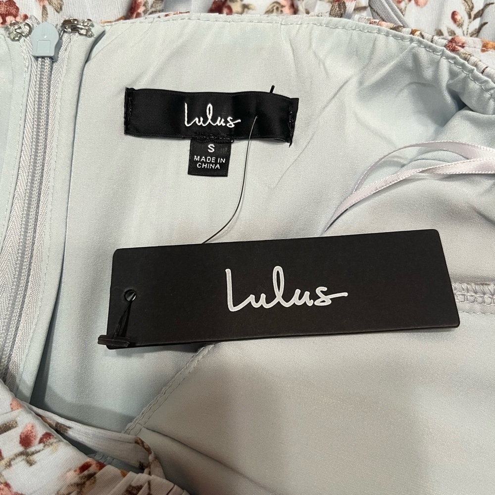 Lulus Cascading Crush Pale Blue Floral Print Tiered Bustier Midi Dress-Small - Picture 14 of 16